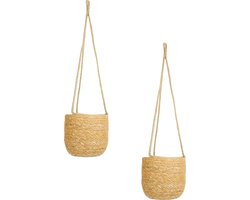 Ter Steege Hangende Plantenpot - 2x stuks - jute/zeegras - D17xH14 cm - creme/beige - bloempot