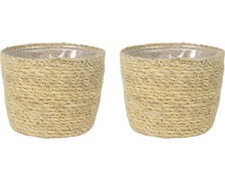 Ter Steege Plantenmand - Set van 2x stuks - zeegras - rotan - beige - 15 x 12 cm - plastic binnenkant