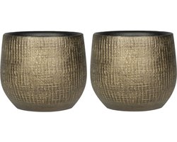Ter Steege Plantenpot - Set van 2x stuks - keramiek - goud - metaal look - D16 x H13 cm