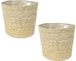 Ter Steege Plantenpot - Set van 3x stuks - beige - gevlochten zeegras - 30 x 26 cm - plastic binnenkant
