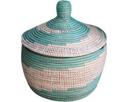 Teranga Teng Rieten Opbergmand met Deksel – Turquoise/Wit – Handgemaakt in Senegal – 30 x 28 cm
