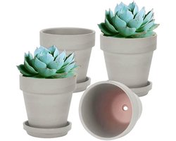 Terracotta bloempot voor binnen en buiten planten - Set van 4 grote potten met drainage en schotel - 6 inch grijze terracotta plantenpotten met lade