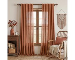 Terracotta gehaakte linnen gordijnen set van 2 panelen - 140x260 cm per paneel - Semi-transparant vitrage met oogjes - Boho en landelijke stijl - OEKO-TEX gecertificeerd