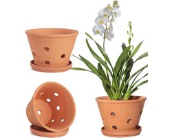 Terracotta Orchidee Potten 15cm met Schotels - Kleien Bloempotten voor Binnen en Buiten