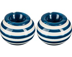 Terras asbak/stormasbak - 2x - rond - keramiek - 12 x 8 cm - blauw/wit - Buiten asbakken