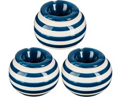 Terras asbak/stormasbak - 3x - rond - keramiek - 12 x 8 cm - blauw/wit - Buiten asbakken
