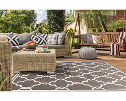 Terras Spaans Tegelontwerp Flatweave Outdoor Rug en Ronde Mat in Bordeaux Rood, Natuurlijk, Blauw, Zilver, Terracotta, Teal en Goud Geel (60x120cm (2x4'), Zilvergrijs)