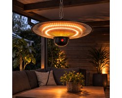 Terrasheater Hangend 2000W – Infrarood Heater met LED Verlichting & Afstandsbediening – Voor Veranda, Overkapping & Terras – Ø45 cm