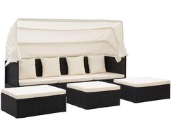 Terrasmeubel, outdoor, dagbed met inschuifbaar baldakijn en zachte kussens, polyetheen, rotan rechthoekige snijbank set voor tuin, achtertuin, zwembadzijde, zwart en wit