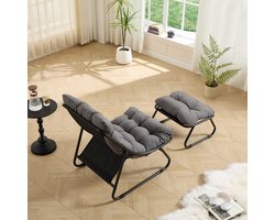 Terrasstoel met voetenbank, comfortabele relaxfauteuil met zachte kussens en voetenbankje, ideaal voor de woonkamer, slaapkamer of leesruimte, zwart frame en grijs kussen