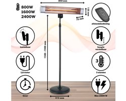 Terrasverwarmer - Infrarood Verwarming - Elektrisch - 2400W - Heater - Energie efficiënt - Staand - Timer - met Afstandsbediening - 3 Standen - Zwart - Zilver