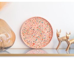Terrazzo dienblad - Ronde schotel - Roze met Neon Groen, Oranje, Roze, Terracotta, Zwart, Wit en Rood - Presentatieplateau - Large - 30 cm diameter - Decoratief - Modern - Stijlvol - Woondecoratie - Wooninspiratie - Luxe - Geboorte - Doopsuiker