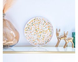 Terrazzo dienblad - Ronde schotel - Wit met Pistache, Mosgroen, Oxide Geel en Perzik - Presentatieplateau - Small - 17 cm diameter - Decoratief - Modern - Stijlvol - Woondecoratie - Wooninspiratie - Luxe - Geboorte - Huwelijk - Doopsuiker - Communie