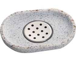 Terrazzo Zeepbakje met roestvrijstalen afdruipbak, beige, zeephouder, natuurlijke steen, beige voor badkamer, wastafel en keuken