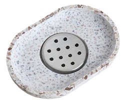 Terrazzo Zeepbakje - Zeepbakje - Natuursteen - Beige - Met RVS Afvoer - Voor Badkamer, Wastafel en Keuken