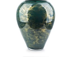 Terroso® - Handgemaakte Glazen Vaas - Bloemenvaas - Groen met Goud - Marmer Look - Interieur Woondecoratie - 33 cm Hoog