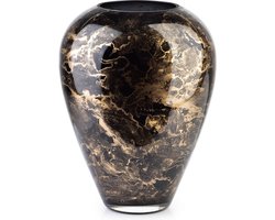 Terroso® - Handgemaakte Glazen Vaas - Bloemenvaas - Zwart met Goud - Marmer Look - Interieur Woondecoratie - 27 cm Hoog