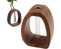 Testbuisvaas Houten Standaard - Glazen Vaas Hydrocultuur - Planten Presenteren - Naadloze Hout-Glas Binding - 9x7x4cm - Transparant