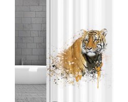 Textiele Douchegordijn - Douchegordijnstof Gordijn Badkamer - Douchen Zonder Spatten - Inclusief Ringenset - 180x200 cm - Tijger Wit Bruin Zwart