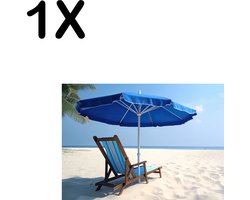 Textiele Placemat - Blauwe Stoel met Parasol op Prachting Wit Strand - Set van 1 Placemats - 35x25 cm - Polyester Stof - Afneembaar