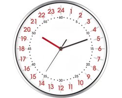 TFA Dostmann Analoge wandklok met 24-uurs weergave, 60.3069.02, met rode uur- en zwarte minutencijfers, aluminium frame, glazen deksel, wit