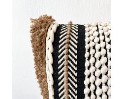 TFP Embellished Boho Cushion Cover - Sierkussenhoes | Tara - 50 x 50 cm - 100% Organic Cotton (GOTS Certified), Jute - Handmade in India - Brown, natural white, Black