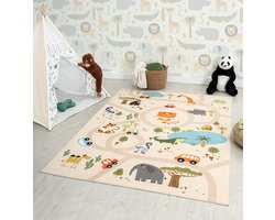 the carpet Happy Life Kinderkamer, kindertapijt, speeltapijt, wasbaar, dieren, jungle, auto, beige met safari motief, 80 x 150 cm