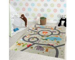 the carpet Joy – Kinderkamer vloerkleed, speelkleed, straatkleed met safari, jungle, dieren, auto's, ideaal voor de kinderkamer, antislip, onderhoudsvriendelijk, groen, rond 160 cm