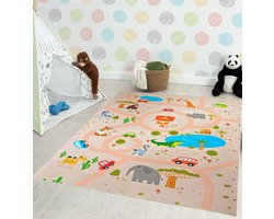 the carpet Joy – Kinderkamer vloerkleed, speelkleed, straatkleed met safari, jungle, dieren, auto's, ideaal voor de kinderkamer, antislip, onderhoudsvriendelijk, beige, 80 x 150 cm