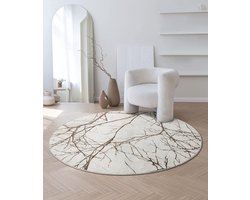 the carpet Mila – Modern vloerkleed met takkenmotief en glansstructuur, geschikt voor woonkamer en hal, crème met bruin takken, 200 cm rond