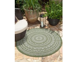 the carpet Mistra – Rond Outdoor Vloerkleed, Robuust & Weerbestendig – Groen met Etnisch Patroon – Ø 120 cm