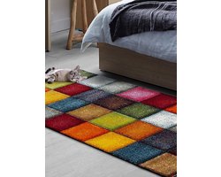 the carpet Monde Deluxe Vloerkleed Handgesneden, Korte pool, Kleurrijk, Blauw, Wit, Rood, Grijs, Goud, Vierkant patroon, 160x230 cm