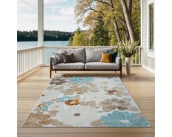 the carpet Porto – Outdoor tapijt, UV-bestendig & weerbestendig, ideaal voor balkon, terras & keuken, beige met bloemenmotief 140 x 200 cm