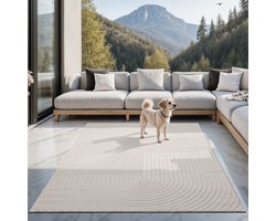 the carpet Santo Plus – Weerbestendig outdoor vloerkleed met 3D patroon, geschikt voor balkon, terras en woonkamer, crème met boho-accenten, 160 x 220 cm