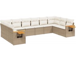The Living Store 10-delige Loungeset met kussens poly rattan beige - Loungebank - Tuinset - Lounge Set - Buitendecoratie - Garden Furniture