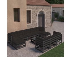 The Living Store 11-delige Loungeset met kussens massief grenenhout zwart - Tuin Lounge Set - Grenenhout Lounge Set - Loungestoel - Buisstoel - Outdoor Furniture