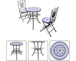 The Living Store 3-delige Bistroset keramische tegel blauw en wit - Bistroset - Mozaïek Meubilair - Buitentijd - Terrassenset - Balkonset