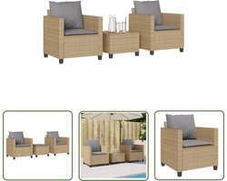 The Living Store 3-delige Bistroset met kussens poly rattan beige - Bistroset - Tuinmeubels - Buis Meubel - Lounge Set - Outdoor Furniture