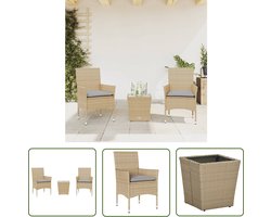 The Living Store 3-delige Bistroset met kussens poly rattan en glas beige - Bistroset - Tuinset - Buisensets - Outdoor Furniture - Patio Set
