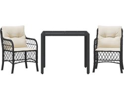The Living Store 3-delige Bistroset met kussens poly rattan zwart - Tuinmeubel - Bistroset - Buisstoel - Outdoor Furniture - Lounge Set
