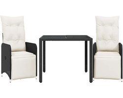 The Living Store 3-delige Bistroset met kussens poly rattan zwart - Tuinstoelen - Lounge Stoel - Buitentijd - Relaxen - Patio Furniture