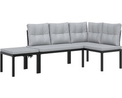 The Living Store 3-delige Loungeset met kussens gepoedercoat staal zwart - Tuinbank - Lounge Set - Buisstoel - Buitenmeubel - Zwarte Tuinbank