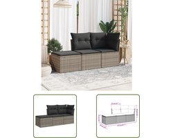 The Living Store 3-delige Loungeset met kussens poly rattan grijs - Loungebank - Lounge Set - Tuinset - Outdoor Furniture - Balkon Meubel