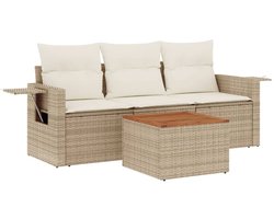 The Living Store 4-delige Loungeset met kussens poly rattan beige - Tuin Lounge Set - Loungebank - Buitendiner - Outdoor Furniture - Balkon Meubel