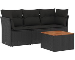 The Living Store 4-delige Loungeset met kussens poly rattan zwart - Tuinmeubels - Lounge Set - PE Rattan - Outdoor Furniture - Balkon Meubel