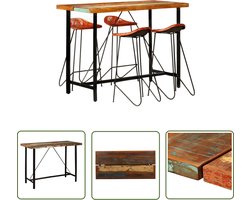 The Living Store 5-delige Barset massief gerecycled hout en echt leer - Bartafel - Industrieel Meubilair - Vintage Meubels - Houten Bartafel - Lederen Barkrukken