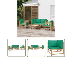 The Living Store 5-delige Loungeset met kussens bamboe groen - Bamboetuinmeubel - Lounge Set - Hoeksofa - Buisstoel - Eetkamerset