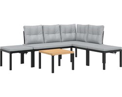 The Living Store 5-delige Loungeset met kussens gepoedercoat staal zwart - Tuinmeubels - Lounge Set - Buisstoel - Bankje - Tafel