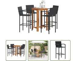 The Living Store 5-delige Tuinbarset massief acaciahout en poly rattan zwart - Tuinbarset - Bartafel Set - Acacia Hout - Pe Rattan - Zwarte Barstoelen