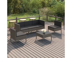 The Living Store 6-delige Loungeset met kussens poly rattan grijs - Loungebank - Tuinlounge - Loungeset - Buitendining - Outdoor Set